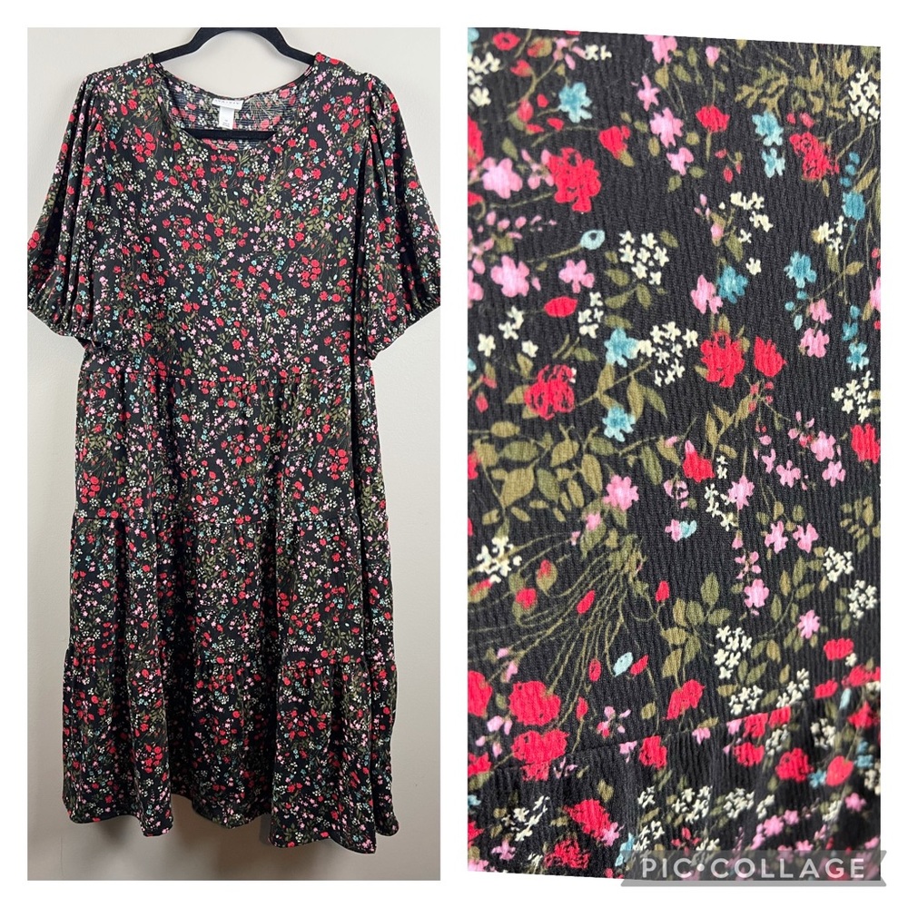 Ava & Viv plus size dark micro floral puff sleeve tiered midi dress 1X